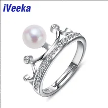 iVeeka 7~8mm Excellent Spherical Pearls Rings 925 Serling Silver Glowing Crown Wedding ceremony Ring 100% Pure White Pearl 2016 New Design