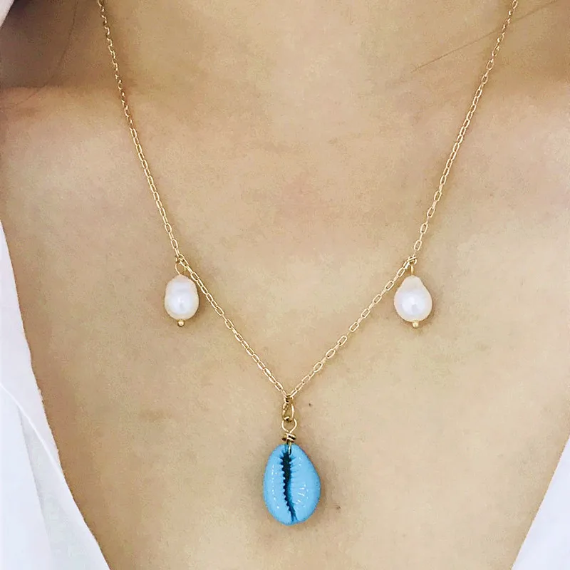 

Blue Shell Pendant Necklace Natural Freshwater Pearl with Bohemian Style Jewelry Women's Fine Necklace Collier de coquillages