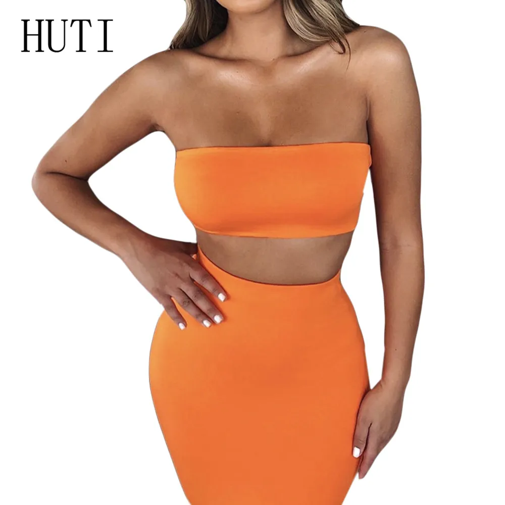 

HUTI Off Shoulder Two Pieces Sets Bodycon Summer Dress Elegant Strapless Hollow Out Sleeveless Pencil Dress Women Party Wear