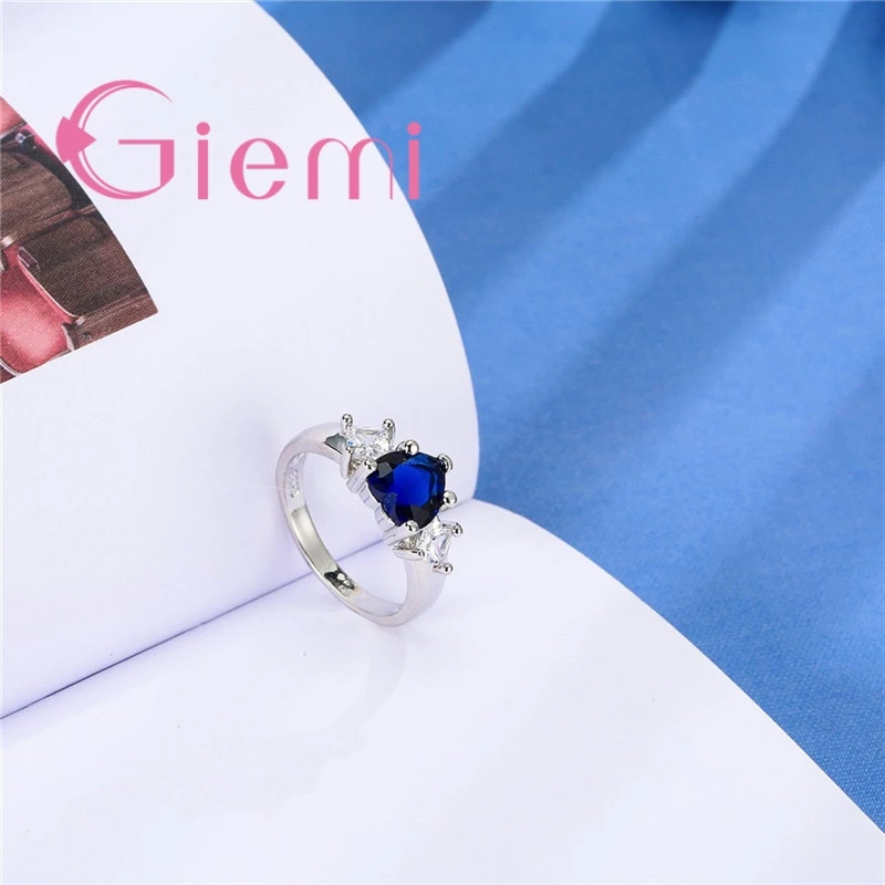 Top Quality Clear Blue Crystal Love Heart Shape 925 Sterling Silver  Women Finger Rings for Wedding Bridal Wholesale