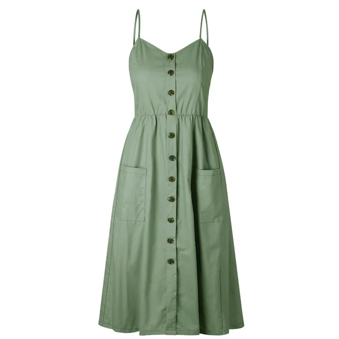 Lossky/повседневное элегантное платье миди на бретелях, сексуальное женское летнее платье без рукавов с карманами на пуговицах, женское пляжное платье размера плюс, Vestidos - Цвет: 0913 green
