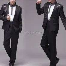 Мужской черный/белый смокинг с блестками куртка и брюки костюмы набор костюм сценическое представление/костюм на выход
