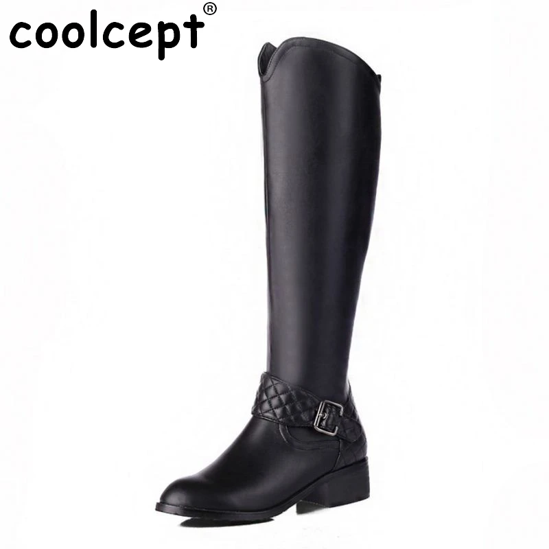 ФОТО Women Genuine Leather Round Toe Knee Boots Woman Square Heel Zipper Botas New Knight Boots Woman Shoes Size 33-46 