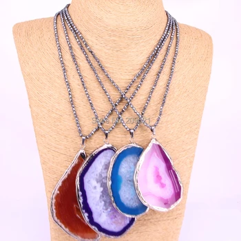 

5Pcs Nature stone 2017 slice pendant necklace with hematite beads necklaces jewelry