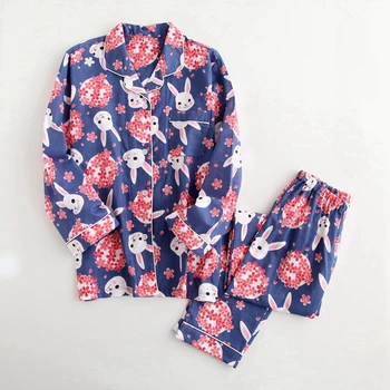 

Sakura Rabbit Printed Long Sleeve Women Cotton Gauze Pajama Sets Summer Autumn Soft Comfortable Home Clothes