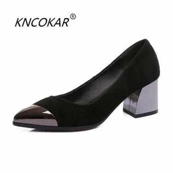 

KNCOKAR 2018 Spring and summer new fashion sexy sheepskin metal head shallow-mouth young lady with real leather single shoes