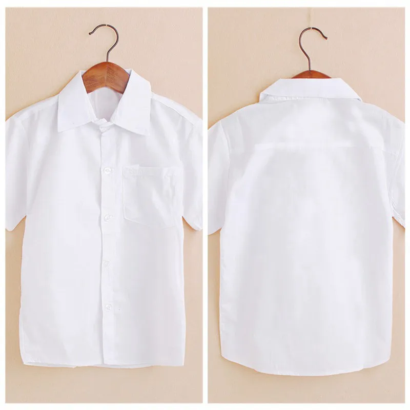 Детская рубашка для мальчиков; Весенняя футболка; короткая однотонная хлопковая блузка; Белые Повседневные рубашки с рукавами; топы с принтом