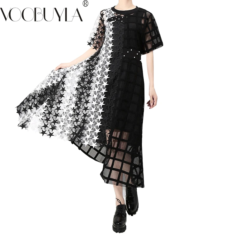 

Voobuyla 2019 Summer Vogue Elegant Star Stripe Pathwork Dresses Women Streetwear Office Lady Dresses Casual Asymmetrical Dress