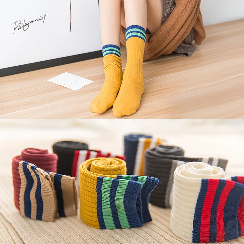 

Japanese Style Women Striped Knitting Socks Ladies Sexy Under The Knee Socks Cute Girls Long Stockings