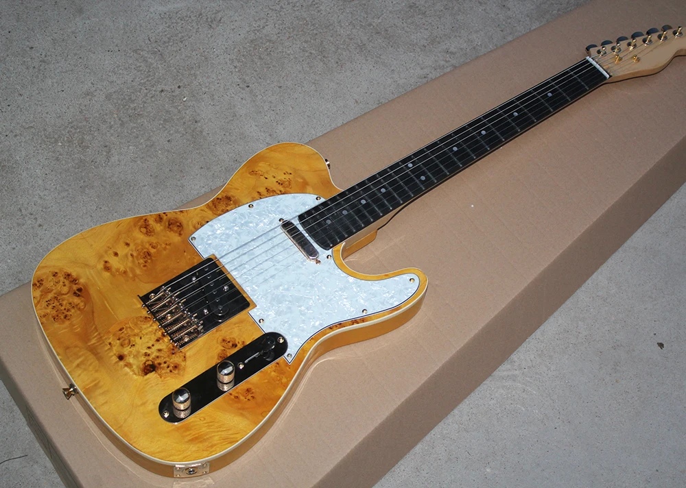 Yellow Electric Guitar with White Pearl Pickguard,Burl Veneer,Ebony