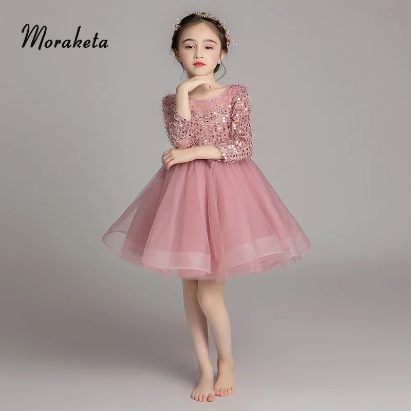 

Pink Feather Sequined Knee Length Short Kids Evening Dresses 2019 Tulle Ball Gown Princess Flower Girl Dresses For Wedding