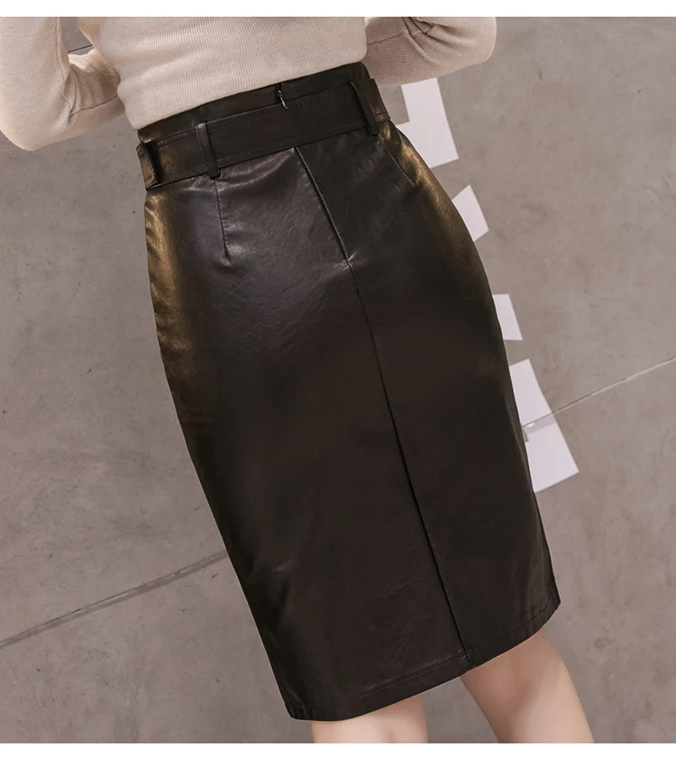 Women PU Leather Midi Skirt Autumn Winter Ladies Package Hip High waist OL Pencil Skirt