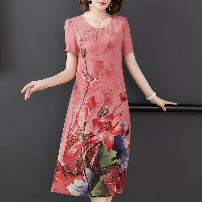 Most Buy rVj6Y Silk dress female summer new retro print Slim short sleeved dress large size L 5XL high quality elegant and comfortable vestidos