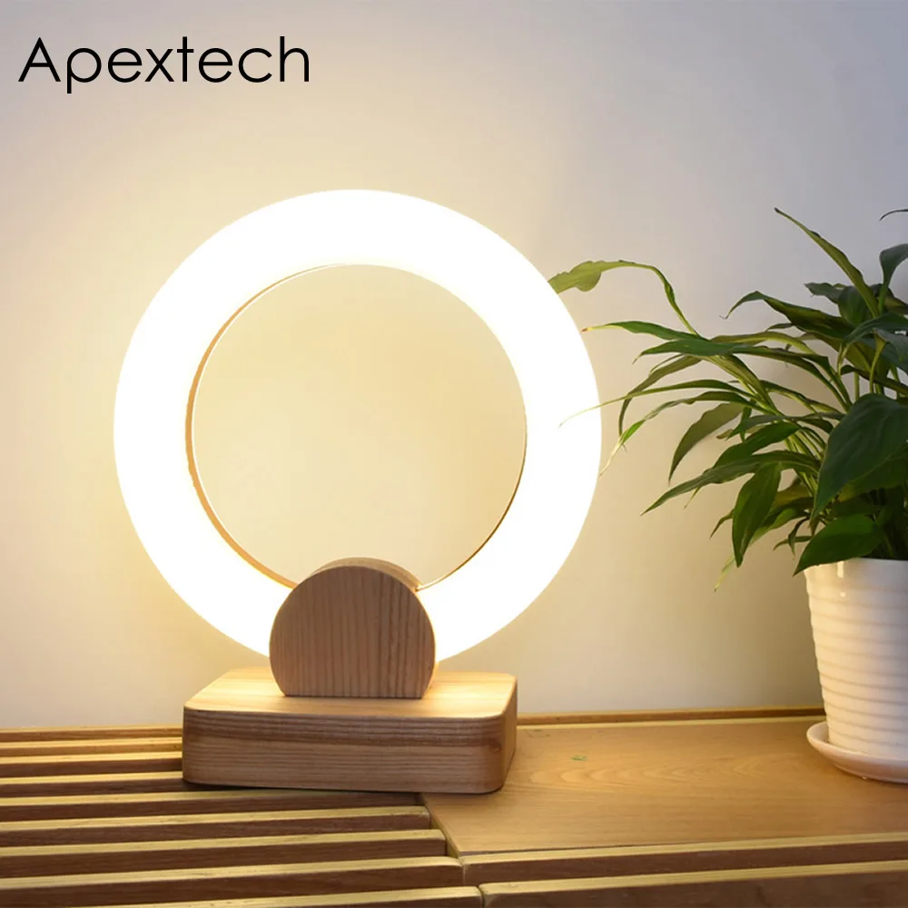 Apextech светодиодный настольный светильник из дерева+ ПММА в форме кольца, Настольный светильник для чтения, простой модный стиль, ночной Светильник для спальни, для украшения дома