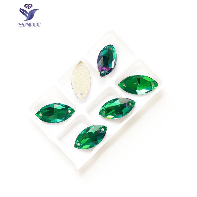 YNARUO 3223 Navette Emerald Strass Sew On Glass Rhinestones Flat Back Stones Decoration Dress Shoes | Дом и сад