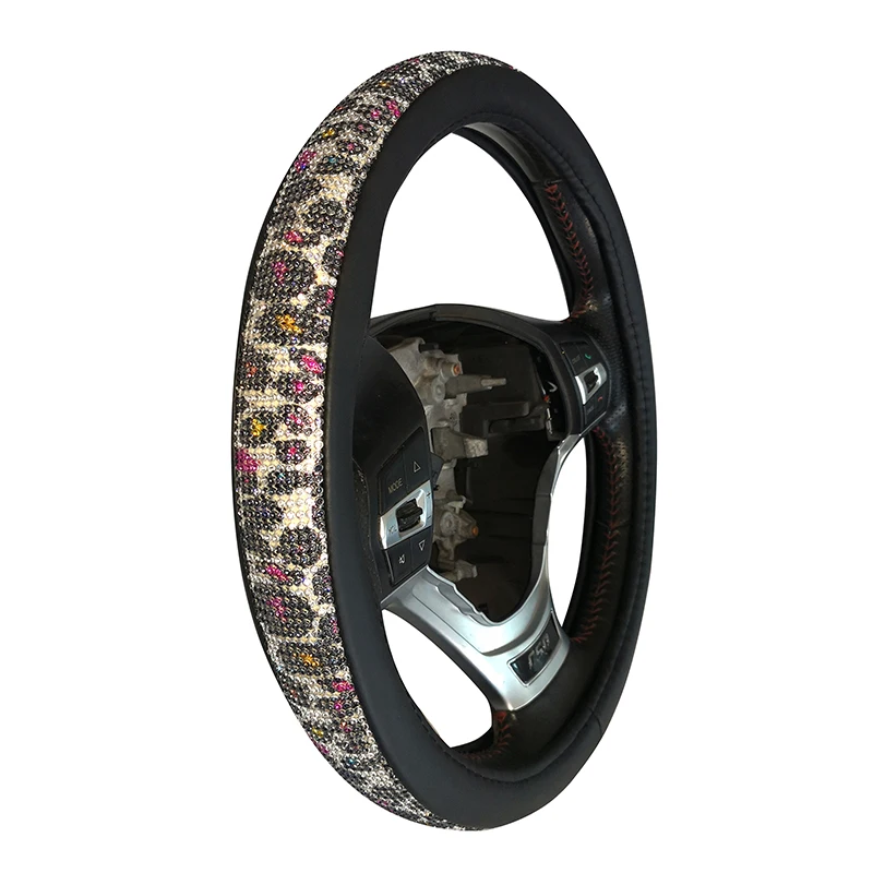 

Leopard Print PU Leather Elastic Section Steering Wheel Cover DIY Car Steering Crystal Wheel Cover Auto Accessories Car Stying