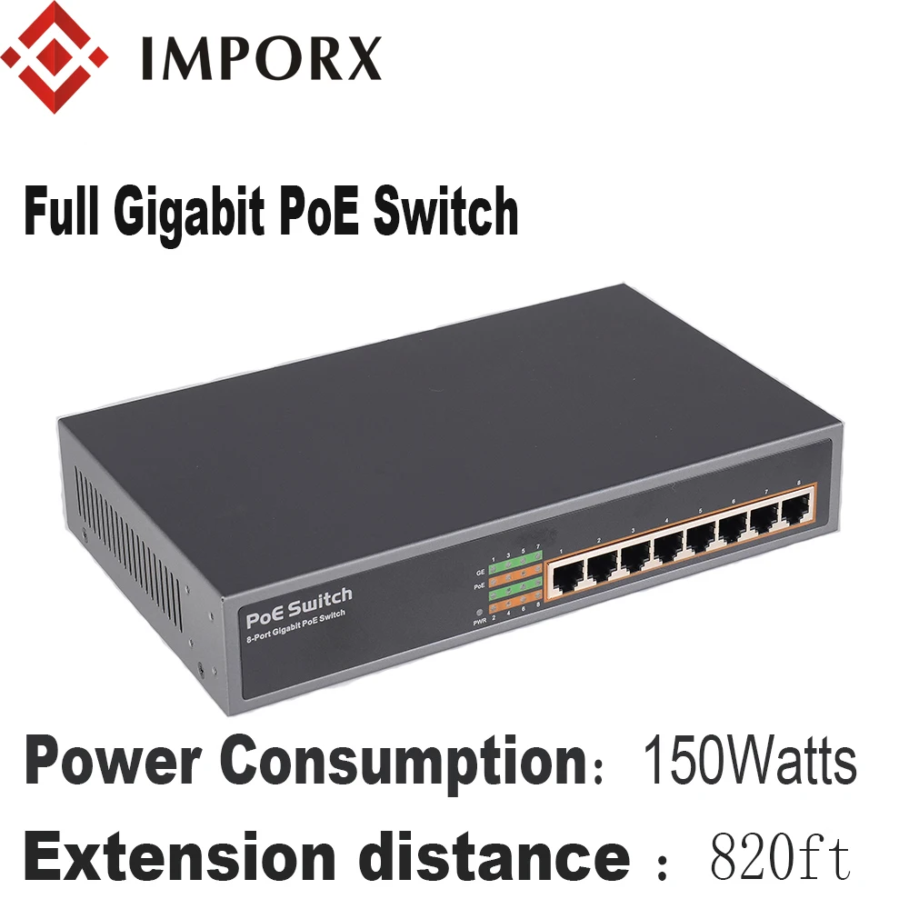 

IMPORX 8Ports POE Switch 48V Power Over Ethernet Network Switch PoE Switch Injector For IP camera/Wireless AP/CCTV Camera System