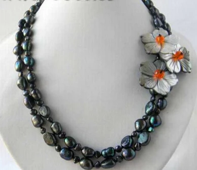 

ddh003086 2Strands 19'' 9mm Black Baroque Freshwater Pearl Shell Flower Necklace