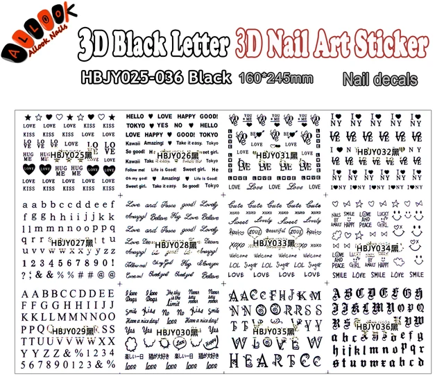 3d nail large piece hbjy025 036 12 designs in 1 black letter design