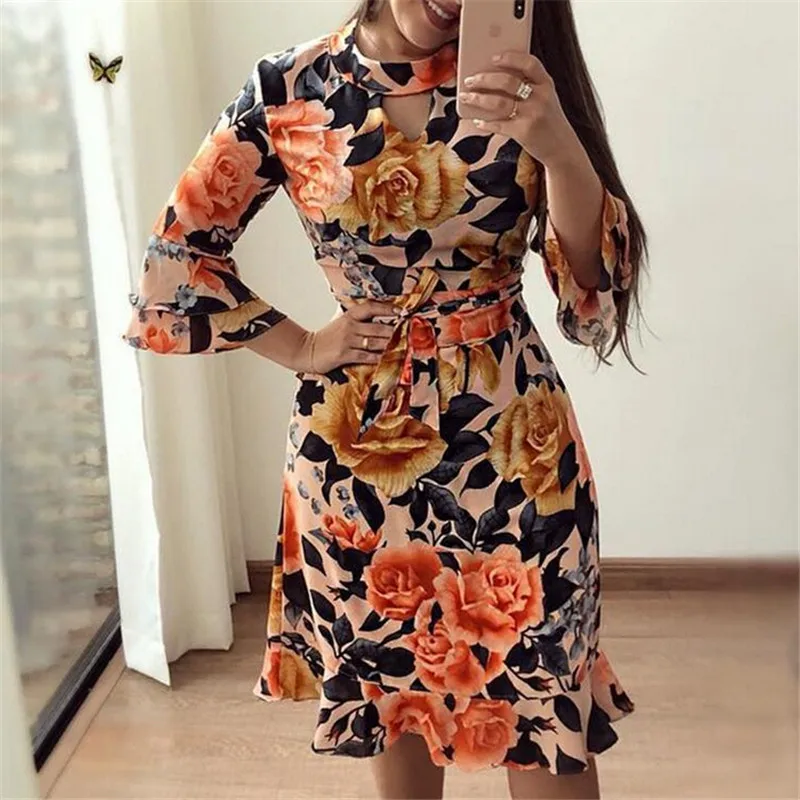

Elegant Woman Vintage Autumn Dress New Year's Women's Bandage Bodycon Long Sleeve Dresses Printed Evening Party Short Mini Dress