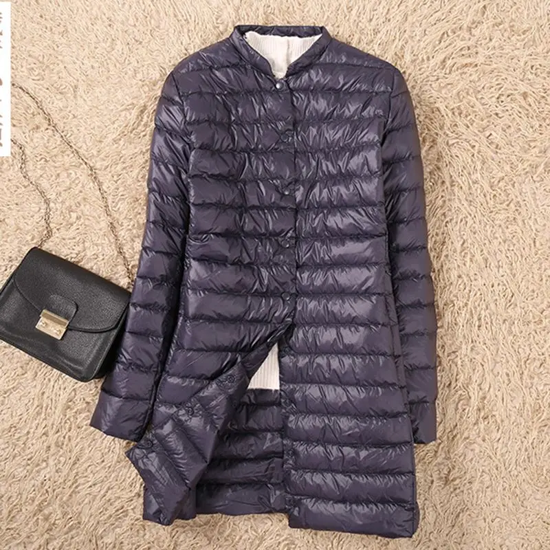 Ультра-светильник, женское длинное тонкое пуховое пальто со стоячим воротником, 90% белый утиный пух, женское повседневное пуховое пальто YP2066 - Цвет: Тёмно-синий