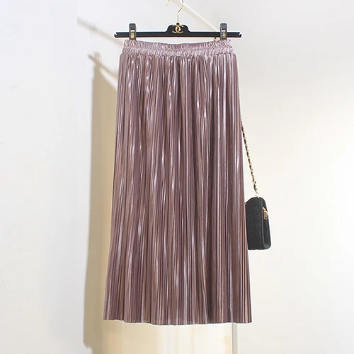 Surmiitro, металлическая блестящая плиссированная длинная юбка для женщин, весна-лето, Корейская элегантная юбка с высокой талией, женская школьная юбка А-силуэта - Цвет: DS