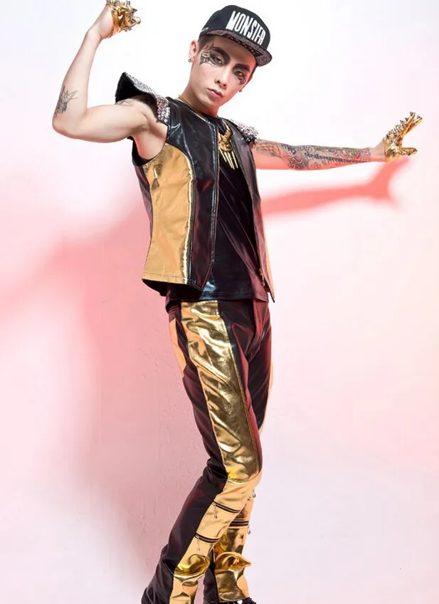 Новая стильная модная Золотая и черная сумка из ПУ и кожи мужской певец танцор жилет DJ DS индивидуальная тонкая Лоскутная блестка костюм