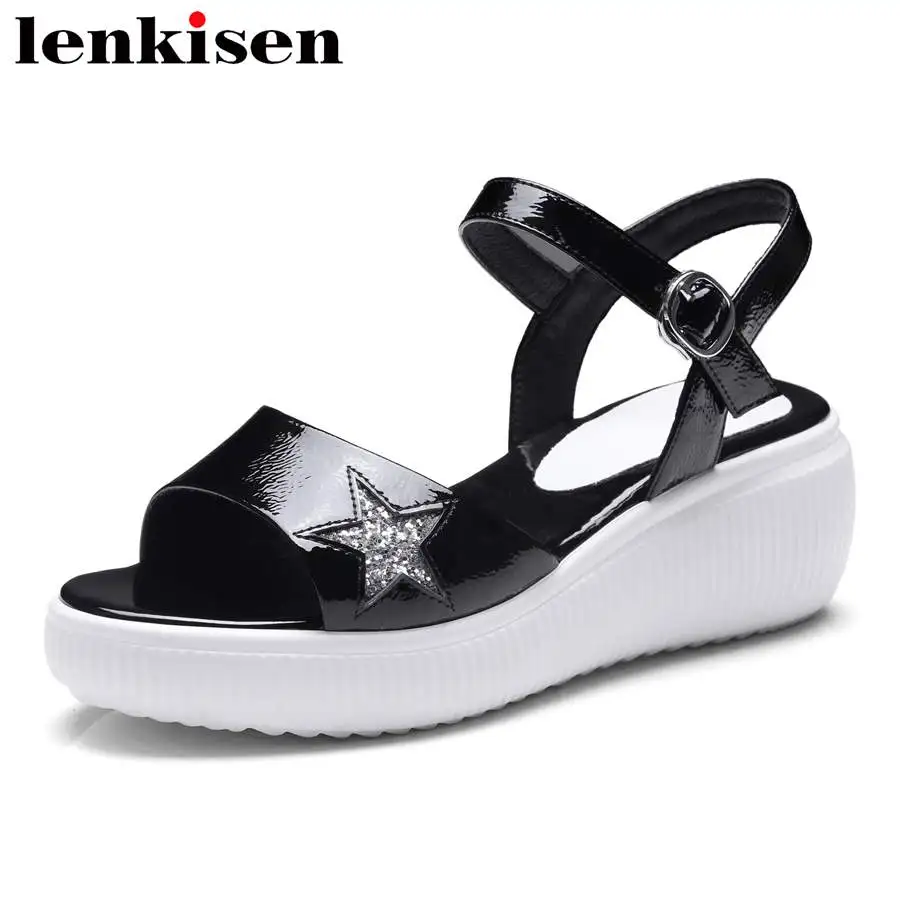 

Lenkisen stars print large size cow leather peep toe buckle strap high thick bottom solid preppy style women party sandals L8f8