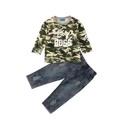 Для маленьких мальчиков топы с длинными рукавами камуфляжная футболка джинсы брюки 2 шт. новорожденных детей Одежда для маленьких