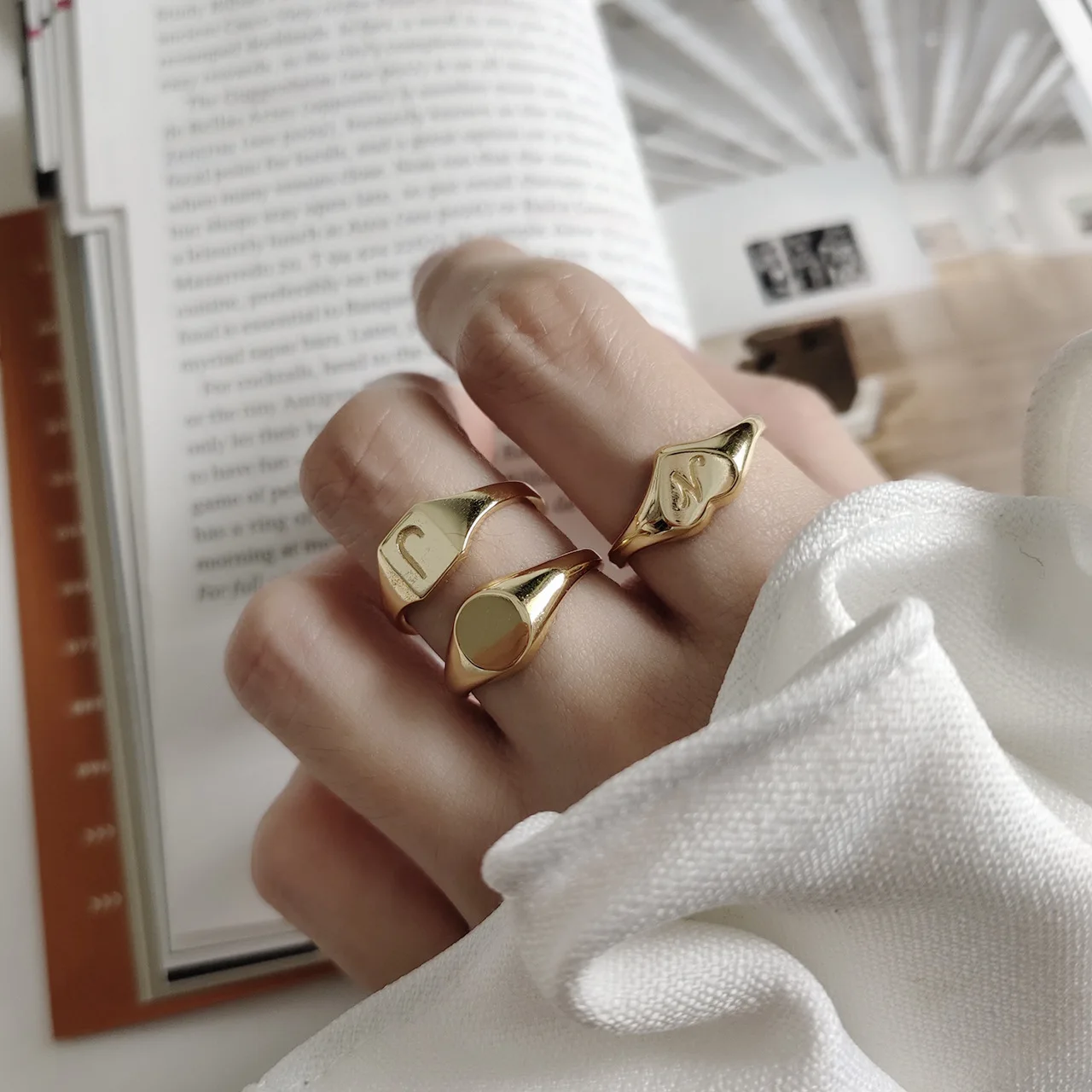 Кольцо из стерлингового серебра S925 пробы, Золотое кольцо с геометрическими буквами и сердцем, Простые Модные ювелирные изделия для женщин, изменяемые индивидуальные аксессуары