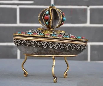 

wedding decoration Crystal Silver Filigree Inlay Turquoise coral Mahakala Tantrick Kapala Bowl Cup