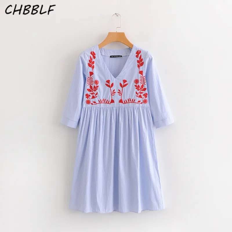 elegant floral embroidery striped dress V neck pleated female casual ...