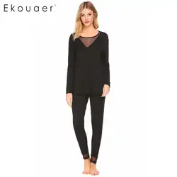 Ekouaer Для женщин пижамы комплект одежды для сна с длинными рукавами и круглым вырезом сетки лоскутное блузка легкие свободные пижамные