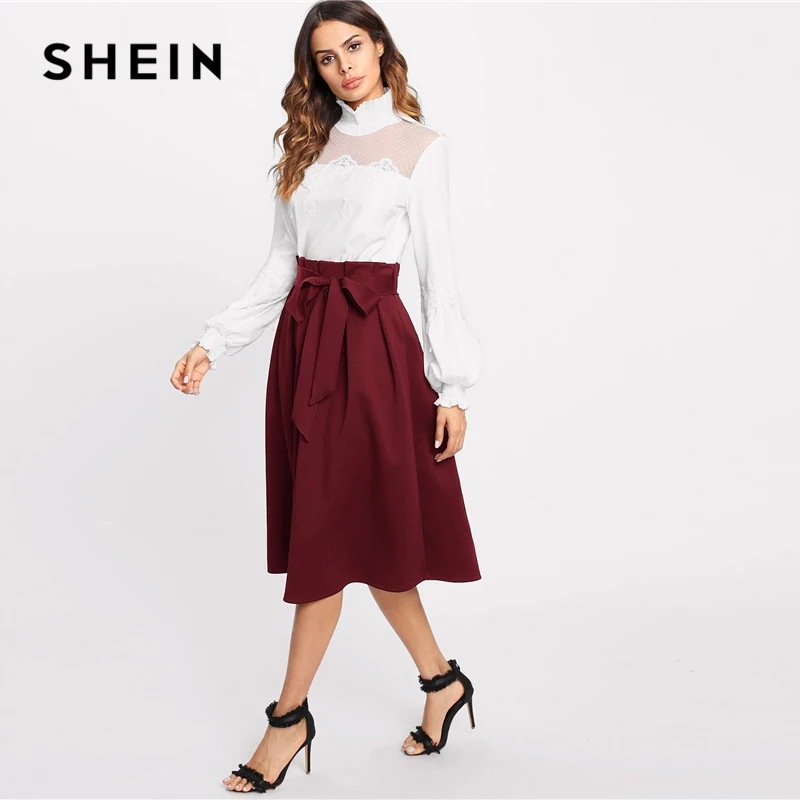 SHEIN бордовая плиссированная Расклешенная юбка с поясом, Женская юбка с высокой талией на лето и осень, однотонная Офисная женская элегантная юбка миди