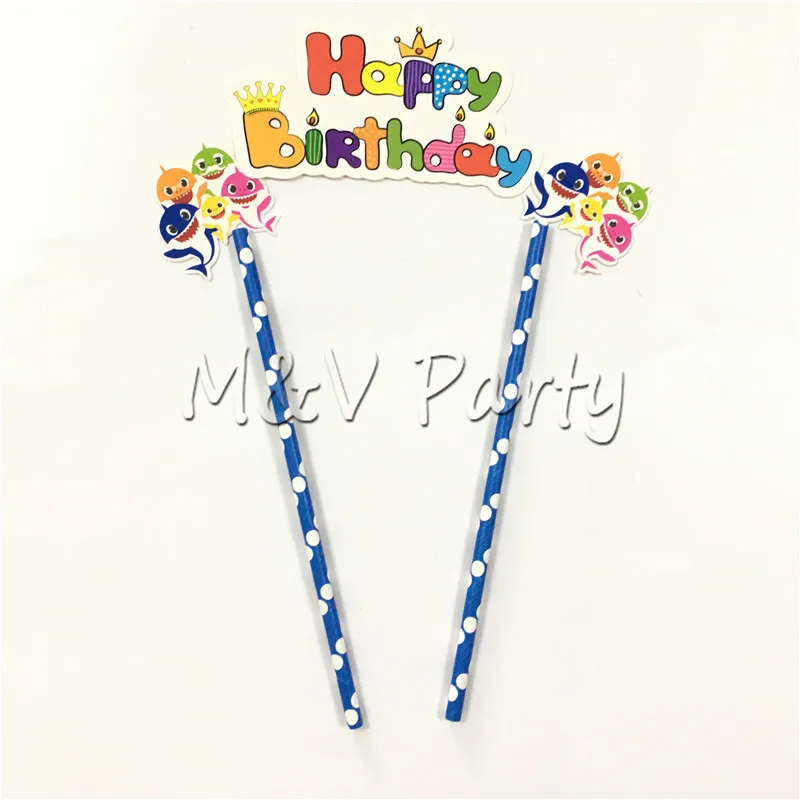

3pcs/lot Blue Baby Shark Paper Cake Topper Happy Birthday Banner Party Decoration Blue Baby Shark Cake Topper Supplies