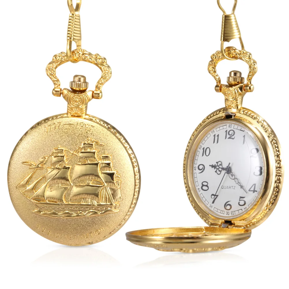 

1pc Men Women Quartz Pocket Watch Golden Ship Pattern Carved Case with Chain IK88
