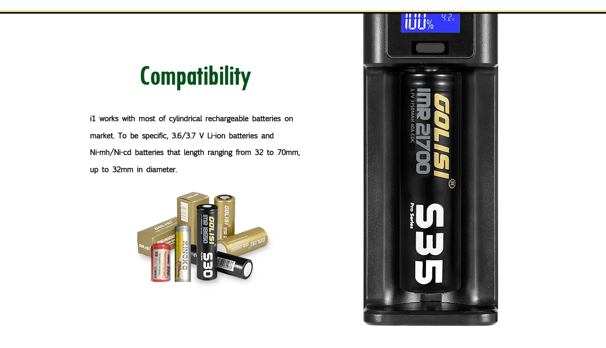 Golisi I1 LCD Display USB Port Lite Battery Charger for Li-ion/Ni-mh/Ni-cd Battery Single Slot