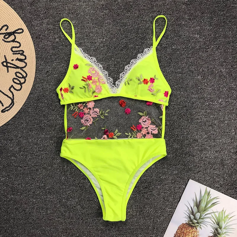 Сексуальные кружевные купальники женский 2019 Цельный купальник с высокой талией Цветочный вышитый сетчатый купальный костюм maillot de bain femme