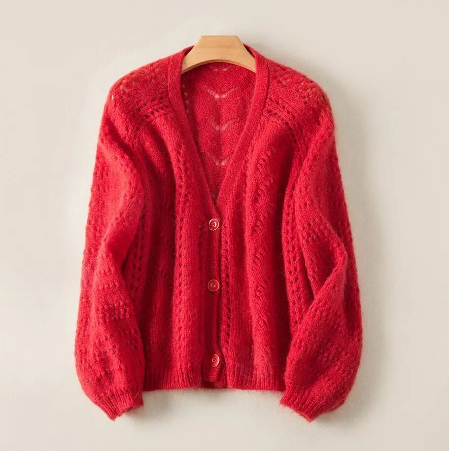 Latest Mohair& Wool Blend Jumper V Neck Hollow Out Button Front Knit Sweater- Female Camel Color Knitting Cardigan Top - Цвет: red as pic