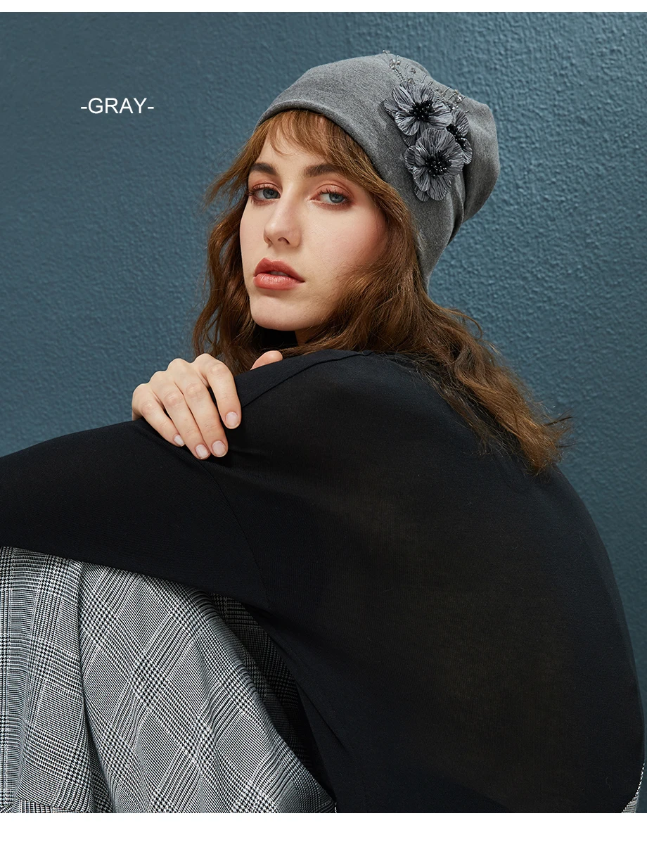 2018 Autumn Female Beanie Bonnet With Rhinestone Hats Three Flowers Caps Knitted Cotton For Women Warm Beanies Slouchy Skullies (11)