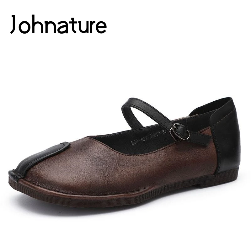 

Johnature New Spring/summer Retro Genuine Leather Round Toe Comfortable Casual Shallow Buckle Strap Women Flat Shoes