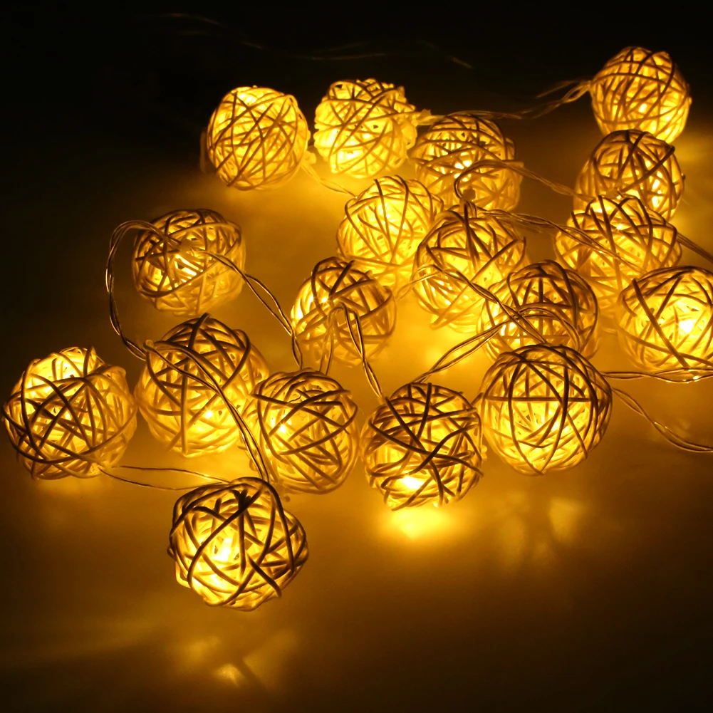 Rattan Ball Pendant String Led Lights 20 LED Warm White Flashlights For Home,Christmas,Party,Halloween 
