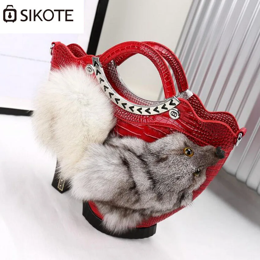 

SIKOTE New Portable Handbags with High Heels shoes Package with Fox of the Head and Sweater Tide Feast Casual Fashion Women Bags