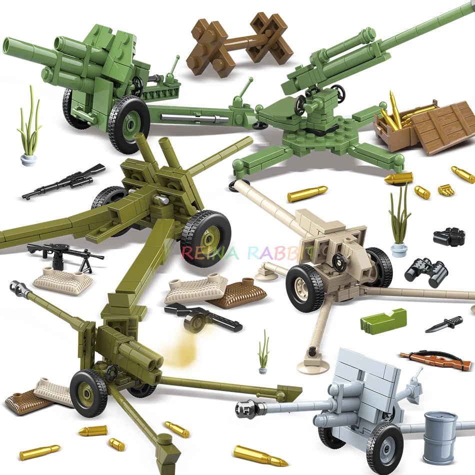

6 sets Soviet Union Military Artillery Gun Soldier Figures Weapons Building Blocks Compatible legoed Army WW2 Vehicle Kids Toys
