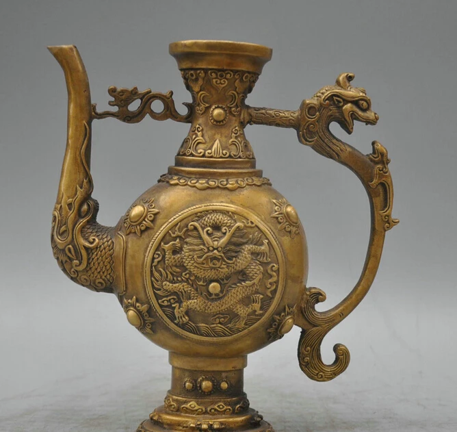 

bi003793 9 Qing Bronze Water Pot Flagon Dragon Relief Royal Queen Sculpture Statue