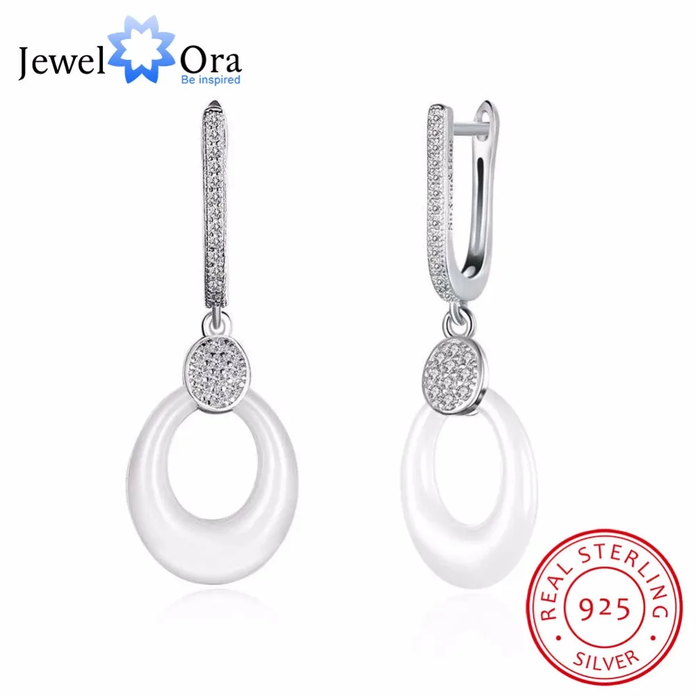 

Women 925 Sterling Silver Droping Dangle Earrings Simple Round Circline White Ceramic CZ for Lady Gift (Jewel Ora EA101967)