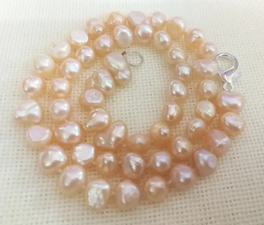 

Women Jewelry 17'' 43cm choker necklace 9mm pink baroque flat pearl handmade Real cultured freshwater pearl gift
