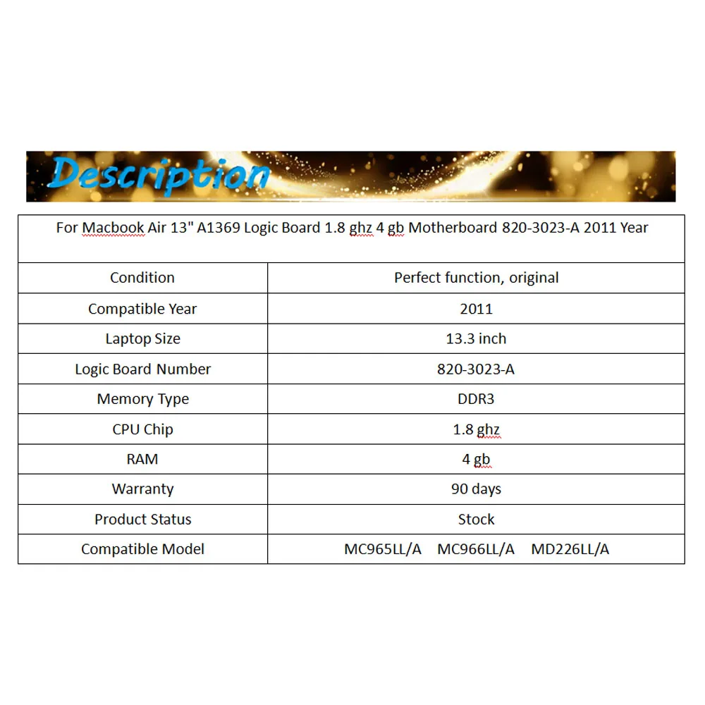 2011 год протестированная Логическая плата для Macbook Air 13 материнская плата A1369 1,8 GHZ 4GB 820-3023-A