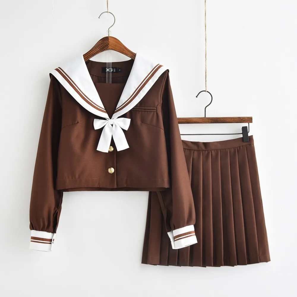 

Coffee brown Japanese/Korean Sailor Suit Cosplay Costumes School Uniforms Long sleeve JK Student Clothing Top+Skirts+bow-tie