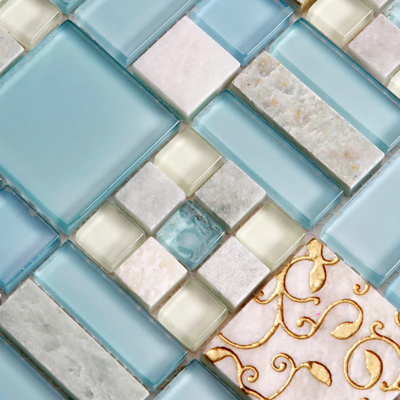 

Ocean Blue Crystal Glass crved White marble mosaic wall tile Kithchen Backsplash Bathroom Living room Cabinet decor